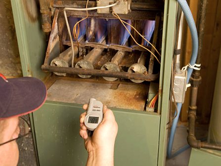 Technician checking the burners in a gas furnace